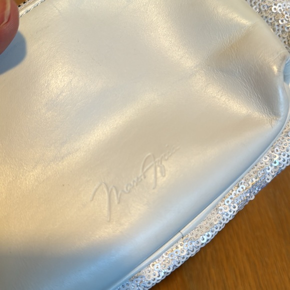 Max Azria white sequin and leather wristlet clutch
